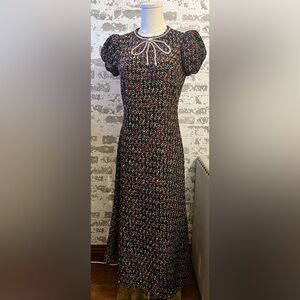 Mestiza NY tweed Dress with Puff Sleeves and Crystal Bow Neck
